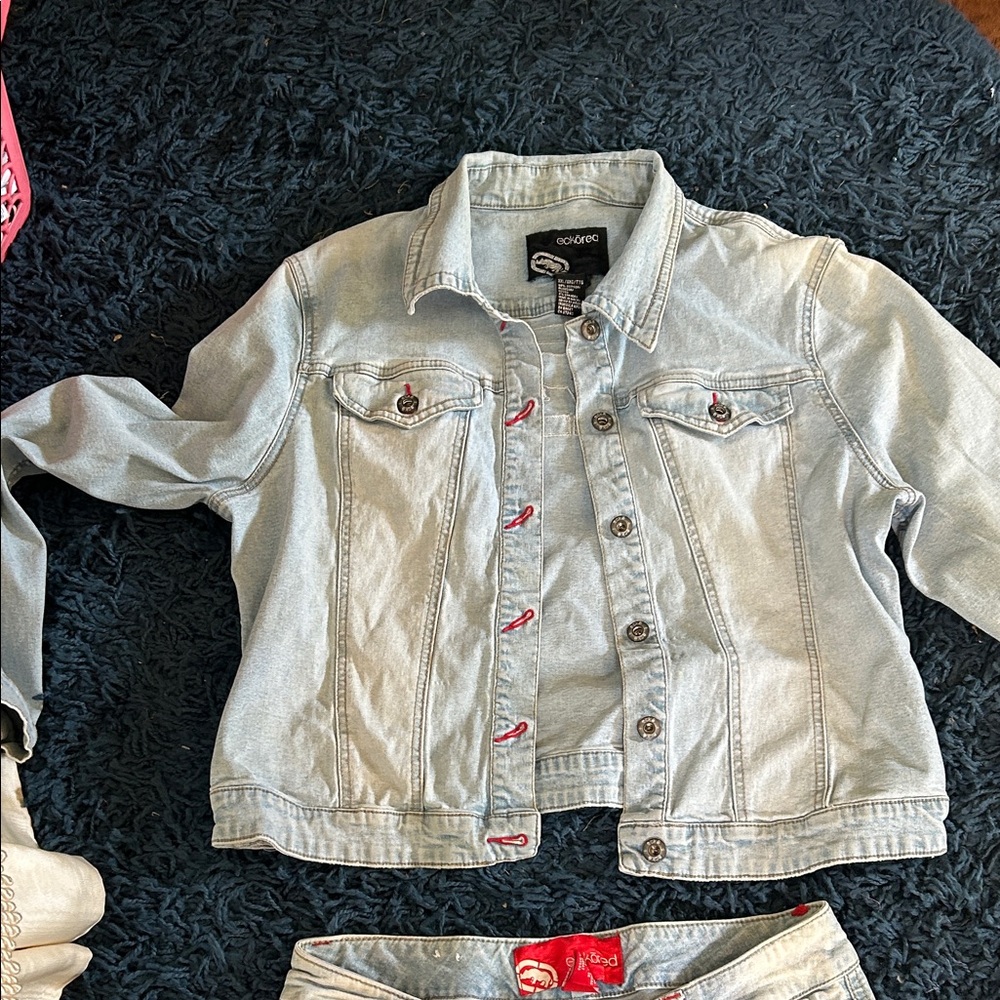 Ecko Unlimited Light Blue Denim Jacket with Red Logo